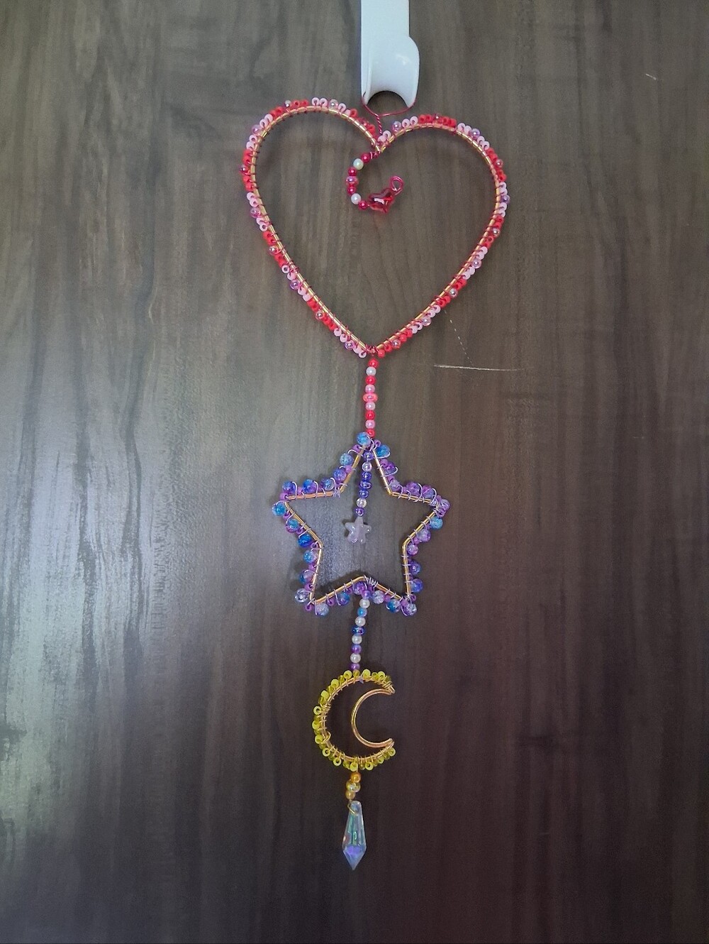 Beaded Heart-Star-Moon Hanging Ornament in Pink, Purple & Gold